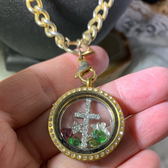 Origami Owl Jewelry - Origami Owl Gold Locket Necklace with Cross and Gem Accents